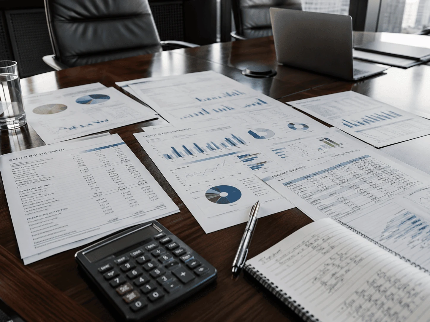 Printed financial reports and a calculator used in strategic financial management