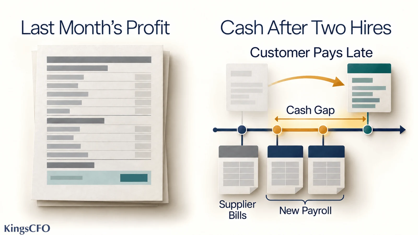 cash flow forecast before hiring two staff when a customer pays late