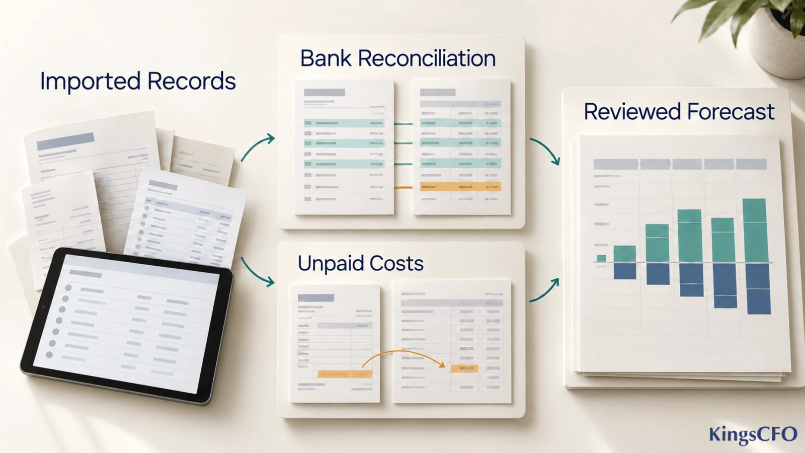 Bank reconciliation and unpaid costs checked before a reviewed forecast