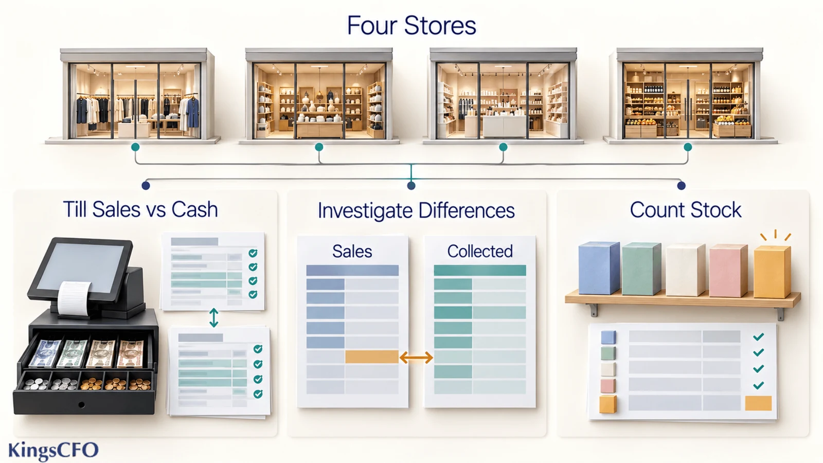 in house accountant checking till sales cash and stock across four retail stores